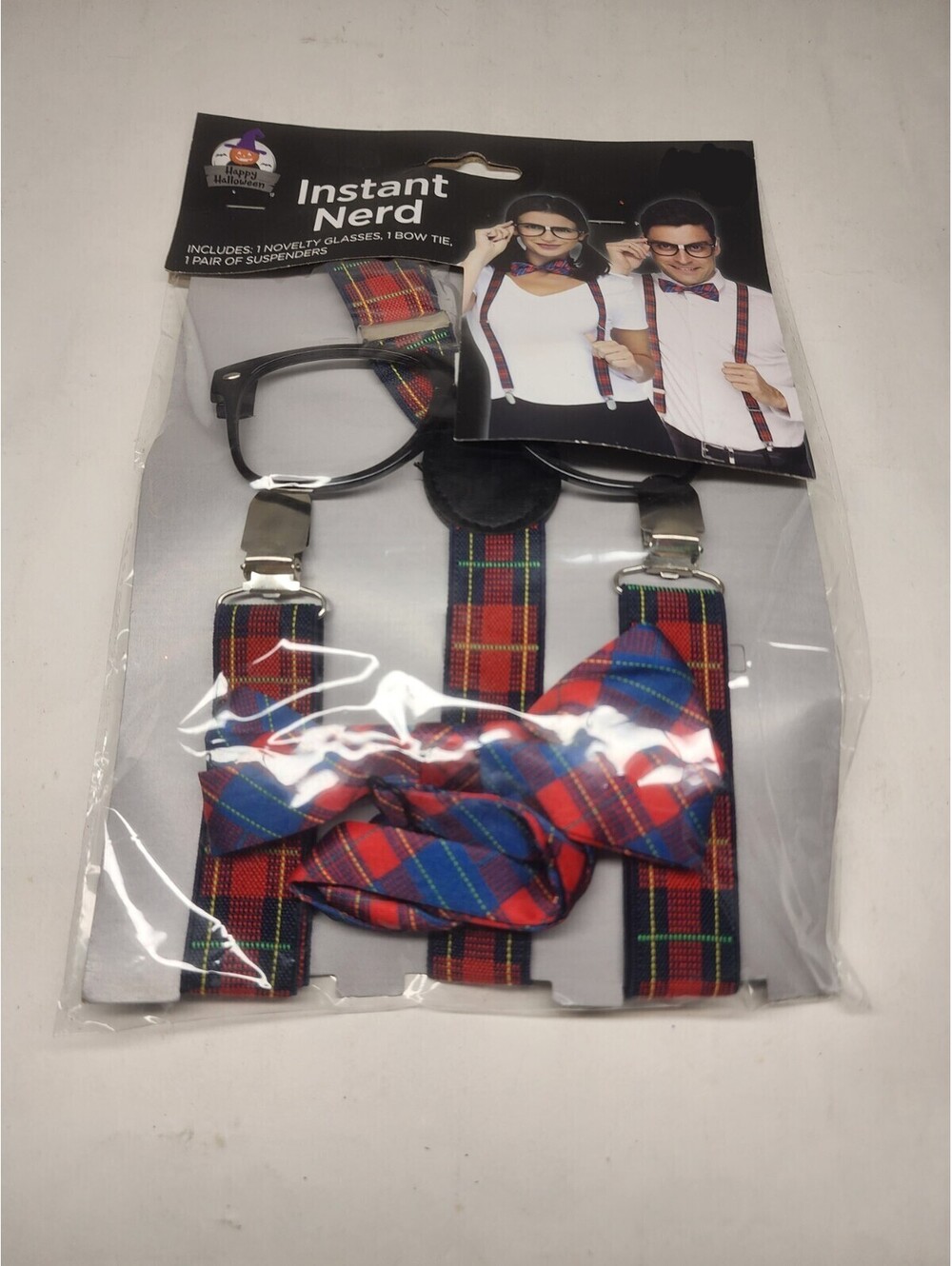 Happy Halloween Instant Nerd Costume Includes Glasses Bow Tie Suspenders New!